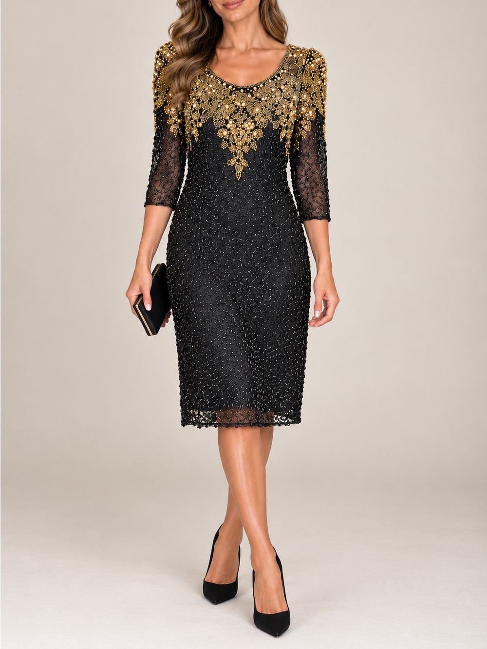 Vintage Black Tie Silk Beaded Dress Size 14 Black Gold Sequin